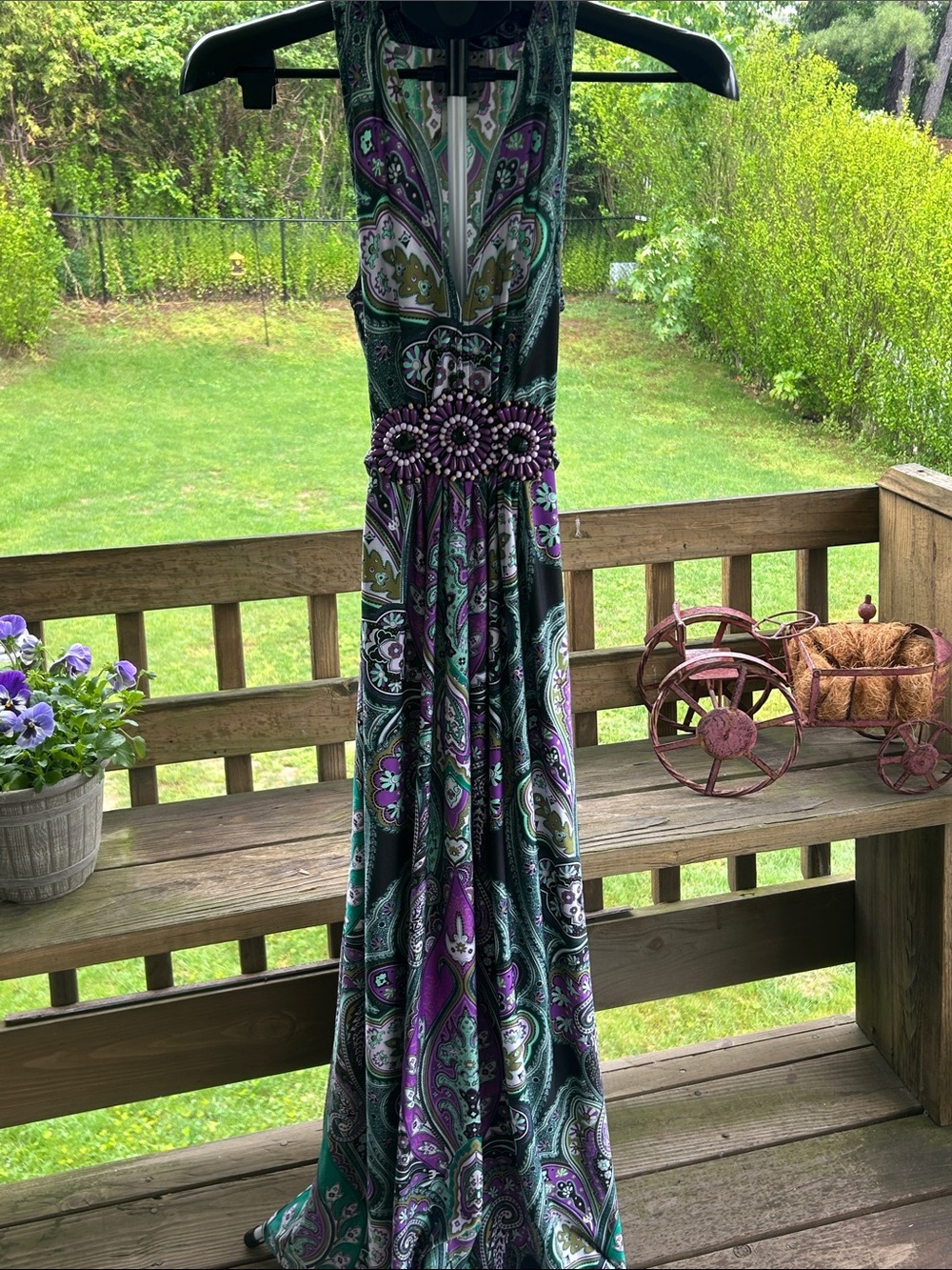 Green & Purple Paisley Maxi Dress with Beaded Waist